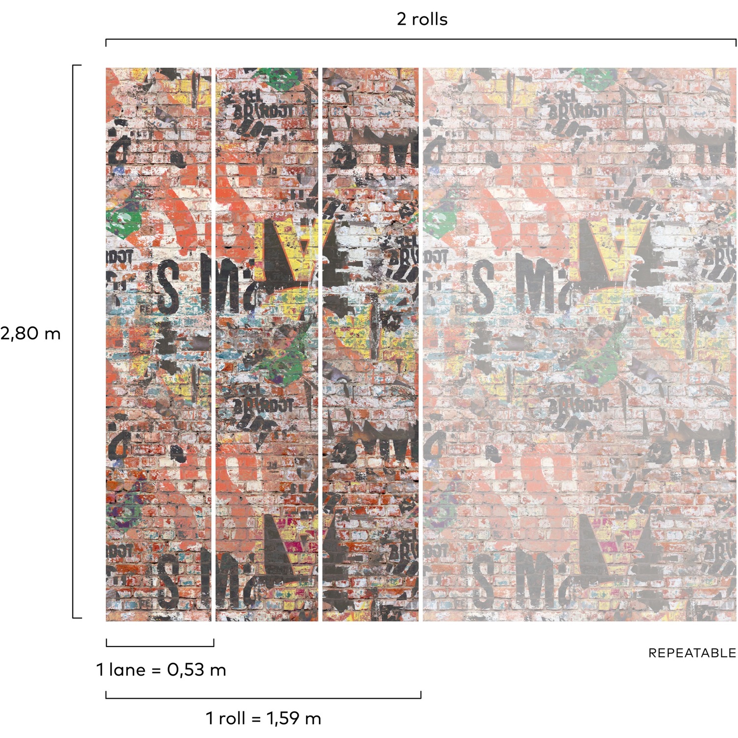 Grandeco Graffiti Wall 3 Lane Repeatable Textured Wallpaper Mural - Orange