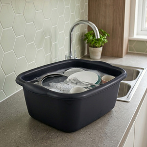 2 x 9.5 Litre Black Rectangular Washing Up Bowl With Integrated Carry Handles