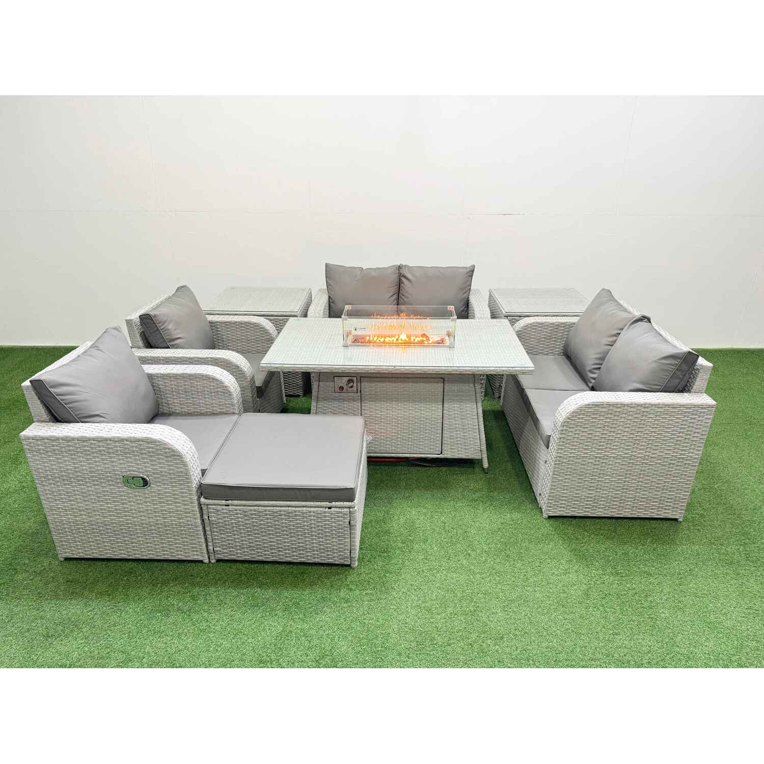 Fimous 7 Seater Outdoor Rattan Garden Furniture Set with Firepit Dining Table and Reclining Chairs. - Light Grey