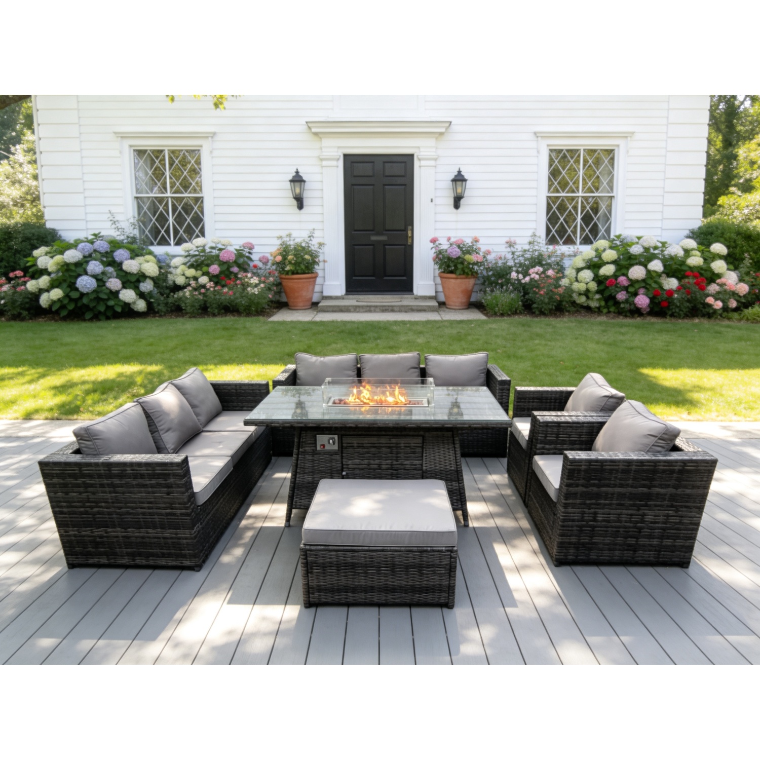 Fimous Rattan Garden Furniture Set Gas Fire Pit Lounge Sofa Chair Dining Set With Arm Chair Stools - Image 3