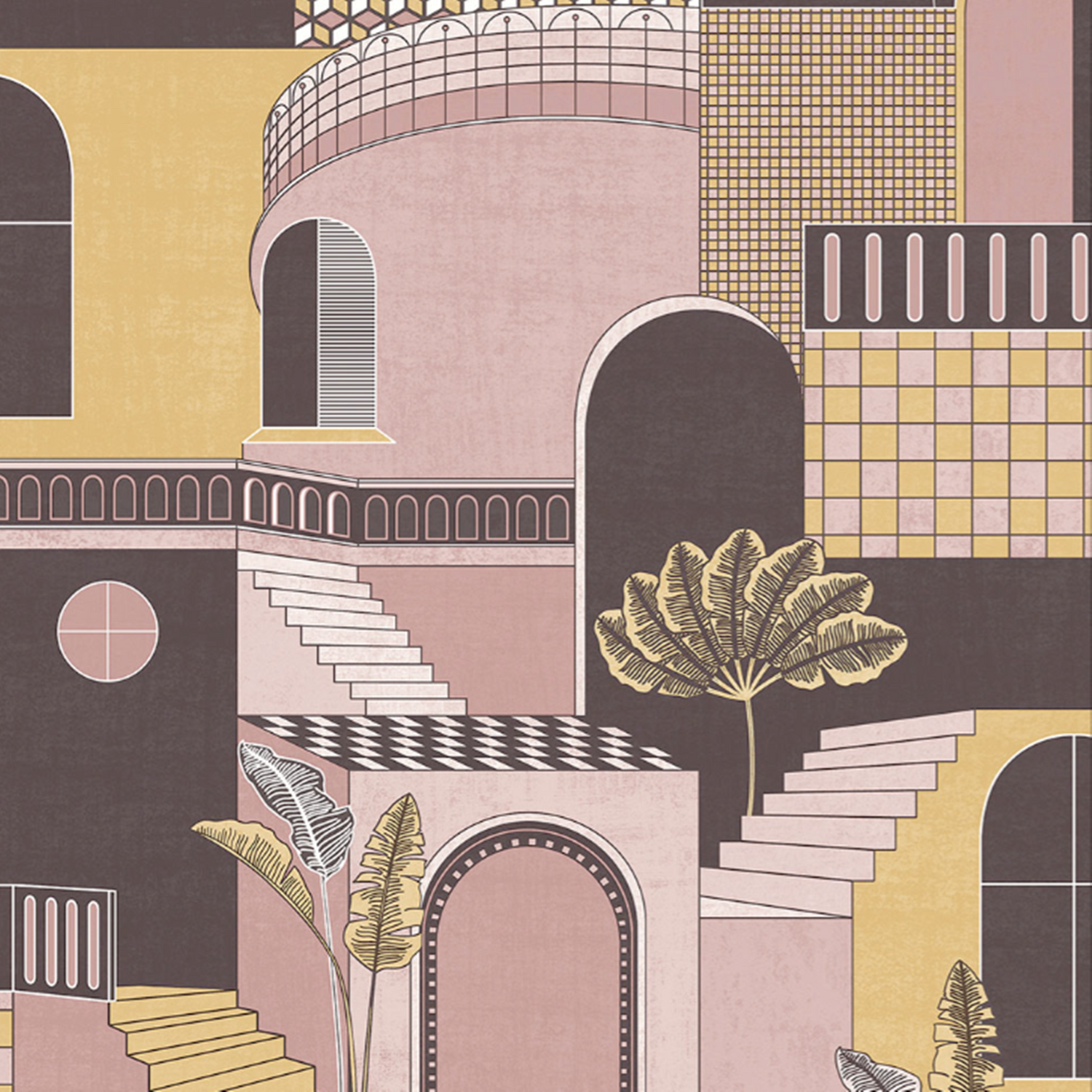 Pink Yellow Mediterranean Wallpaper Checked Pattern Leaves Arches Feature Quirky - Image 3
