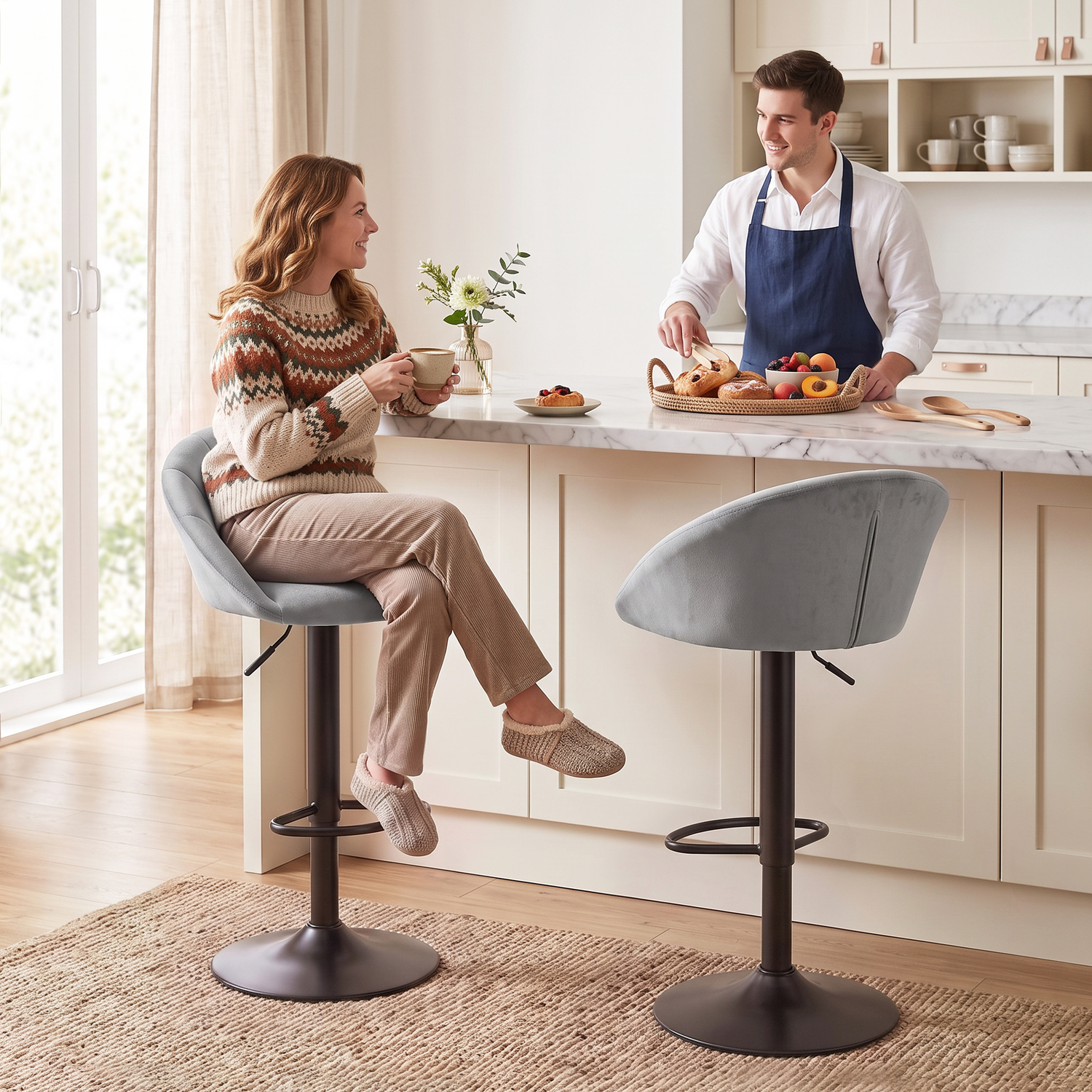 Homcom Bar Stools Set Of 2 Velvet Adjustable Swivel Light Grey - Image 3