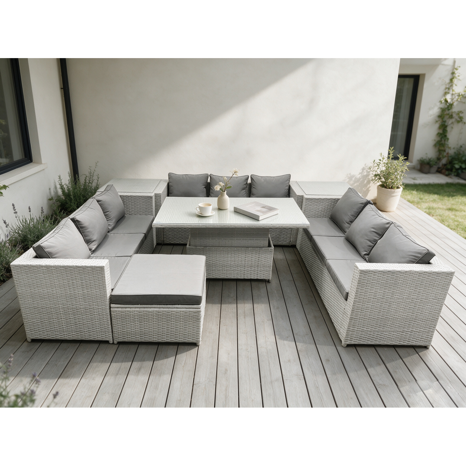 Rackhams Light/Grey 10 Seater Rattan Garden Furniture Set With Rising Table, 3 Sofas, 2 Side Tables & Footstool - Image 2