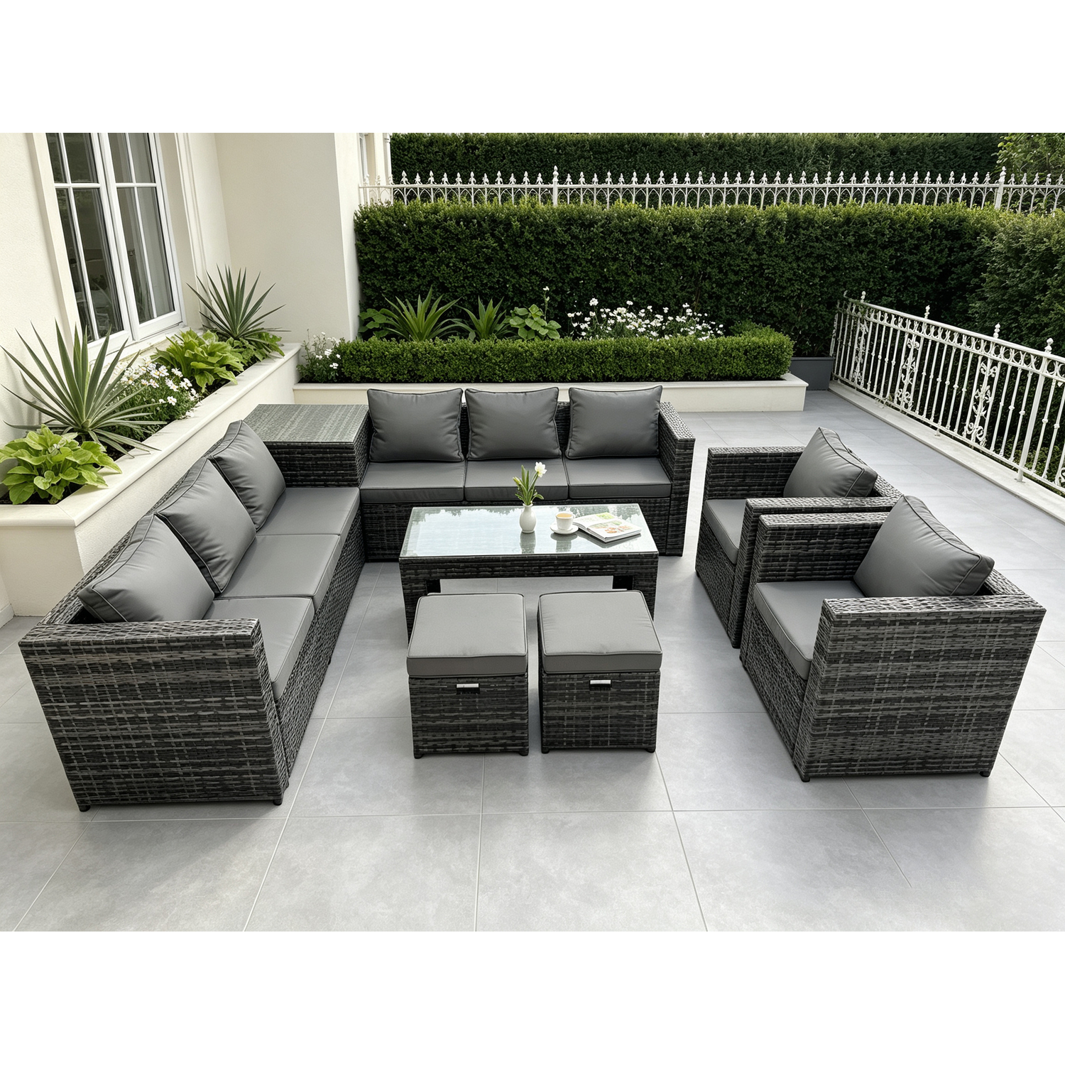B&Q - 10 Seater Rattan Corner Sofa Set With Square Side Table And Oblong Rectangular Coffee Tea Table 2 Pc Arm Chair Stools - Image 2
