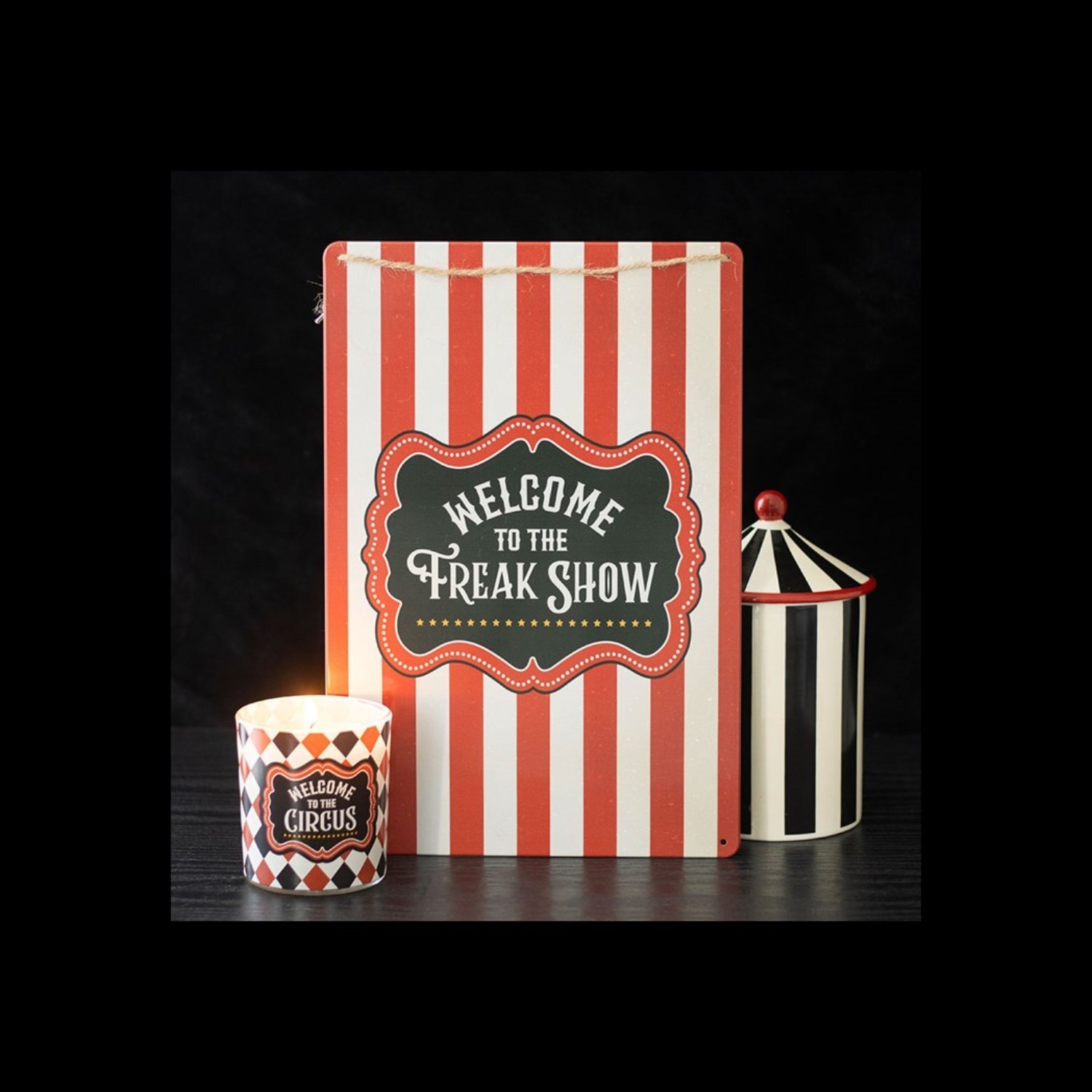 Freak Show Metal Hanging Sign Set with Circus Stripes - Multicoloured