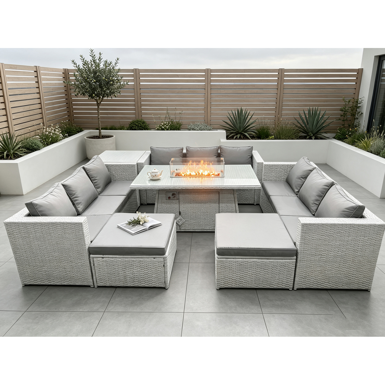 Fimous Light/Grey Rattan Outdoor Garden Dining Furniture Set With Gas Fire Pit Dining Table, 3 Sofas, 1 Side Table, 2 Footstools - 11 Seater - Image 2