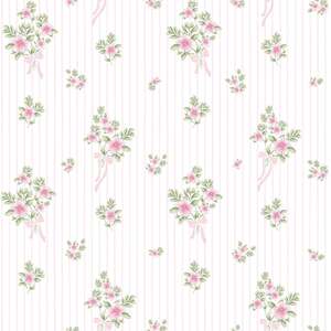 Sample of Floral Bouquet Pinstripe Wallpaper in Light Pink and Pink