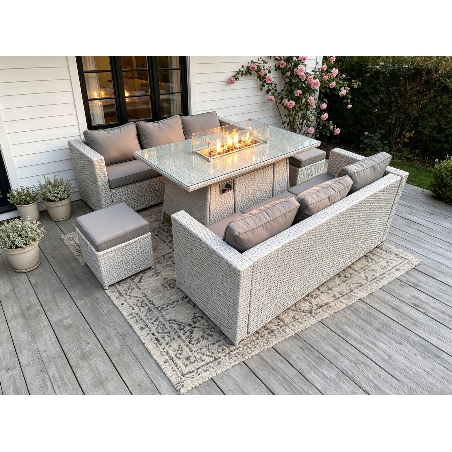 Fimous Garden Dining Sets Outdoor Pe Rattan Furniture Gas Fire Pit Dining Table Gas Heater With 2 Small Footstool - Image 3