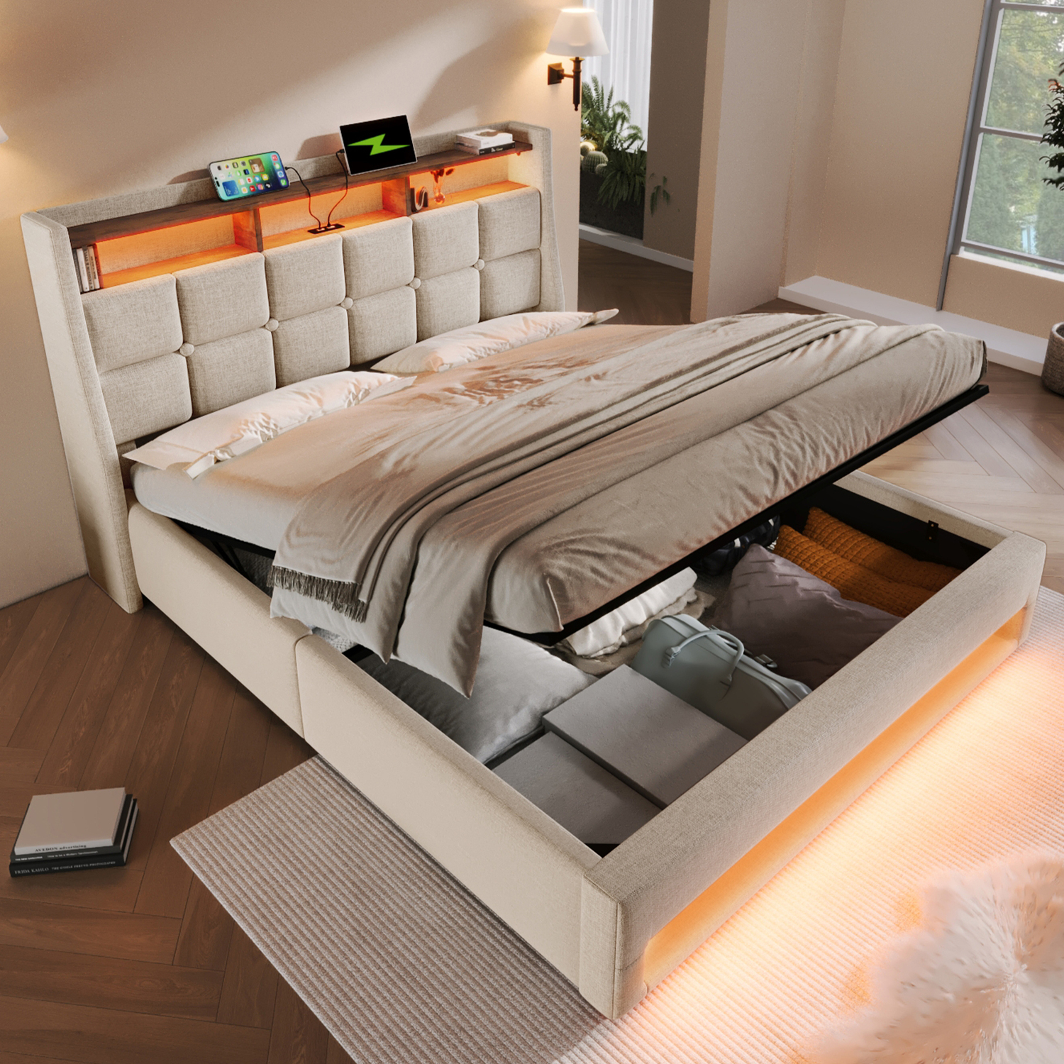 Aka Double Linen Storage Bed With Led, Usb-C & Headboard, Cream - Cream