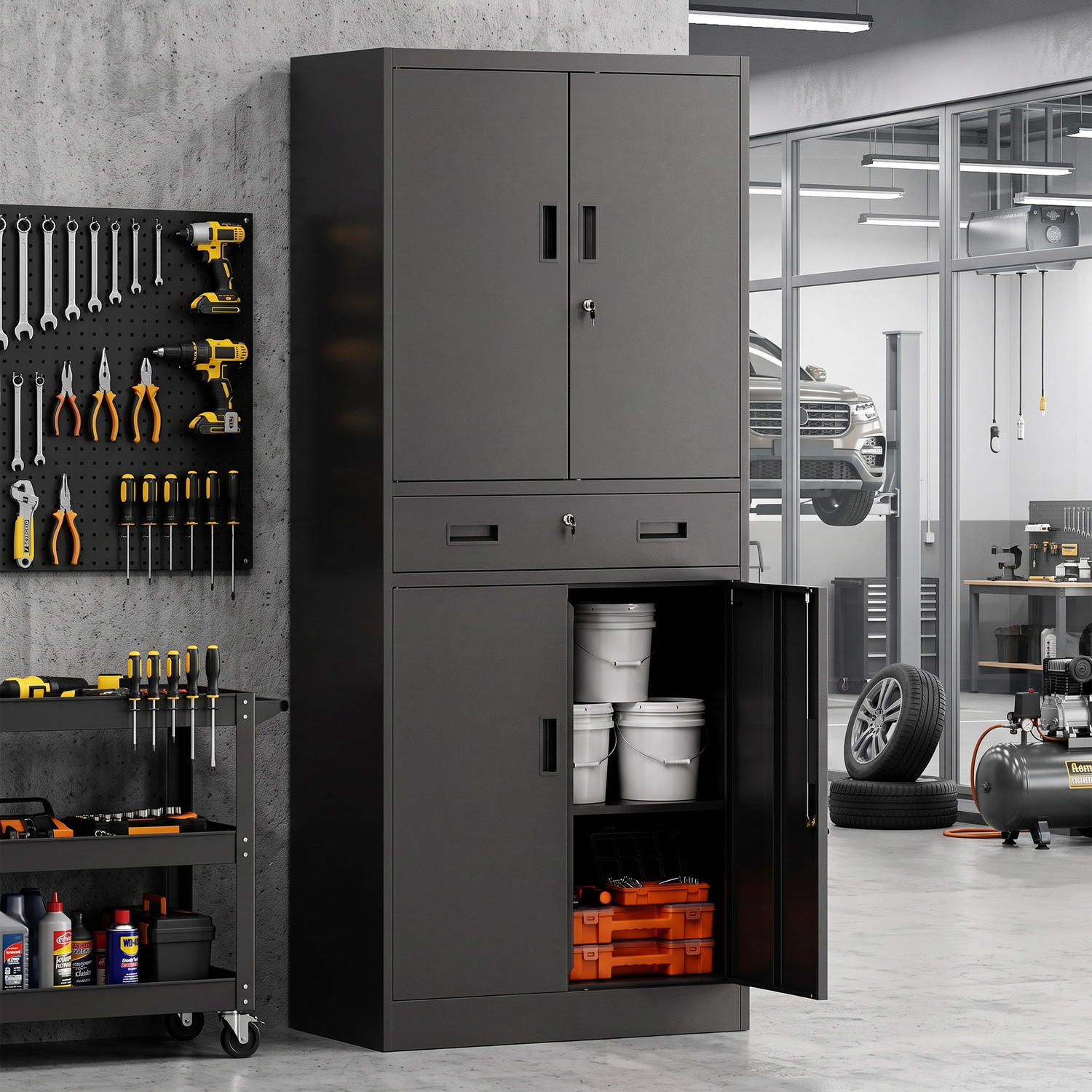 Homcom 180Cm Tall Tool Cabinet, Lockable Metal Storage Cabinet With Drawer - Black