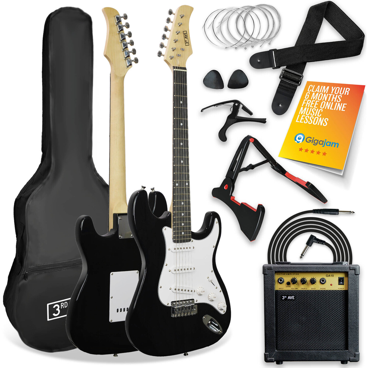 3rd Avenue XF Full Size 4/4 Electric Guitar Ultimate Kit with 10W Amp, Cable, Stand, Gig Bag, Strap, Spare Strings, Picks, Capo – Black - Image 4