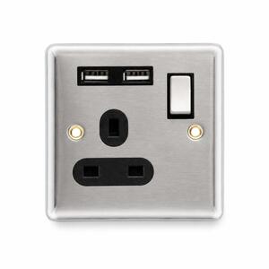 Elpine Stainless Steel Switched Socket Dual USB 13A