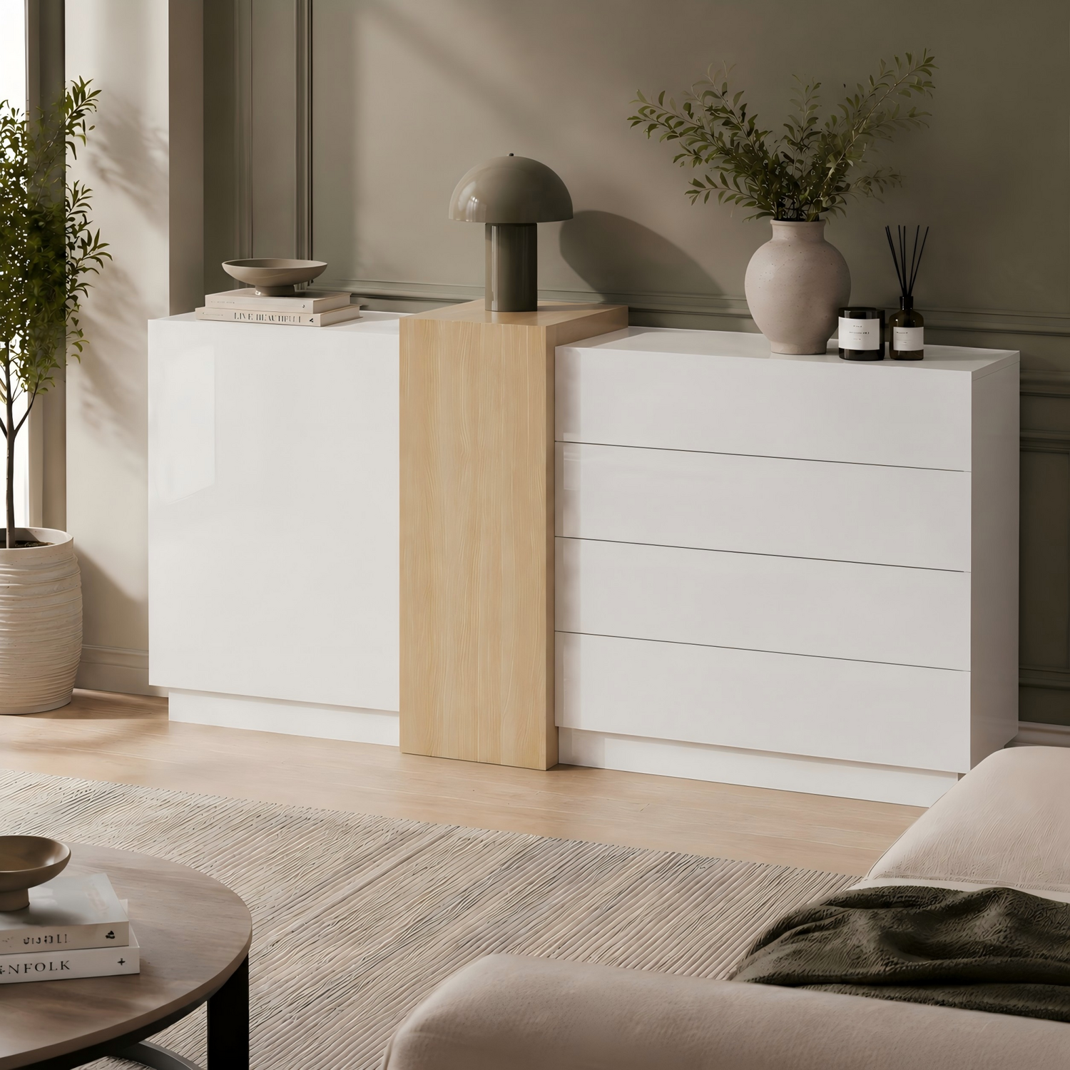 Aka High-Gloss Sideboard With 4 Drawers, 2 Doors And Natural Wood Finish, White - White