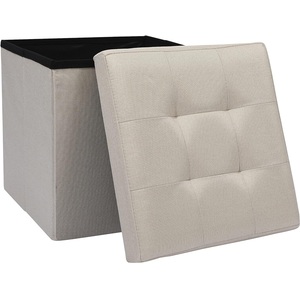 Storage Ottoman Padded Foldable Bench Chest with Lid, Beige Linen, Small