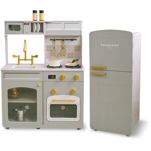 Wooden Play Kitchen with Modular Fridge, Sink & 14 Accessories