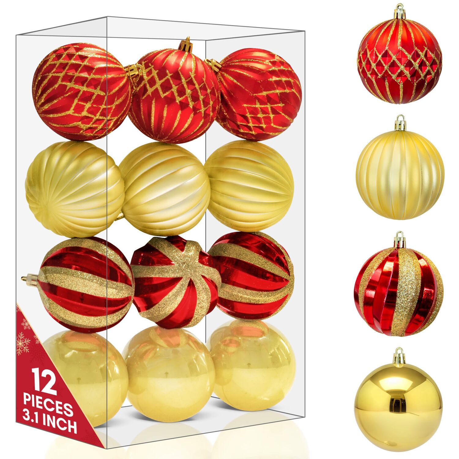 Pelle & Sol 12-Piece 8Cm Christmas Bauble Set - 12-Pcs 8Cm - Red & Gold