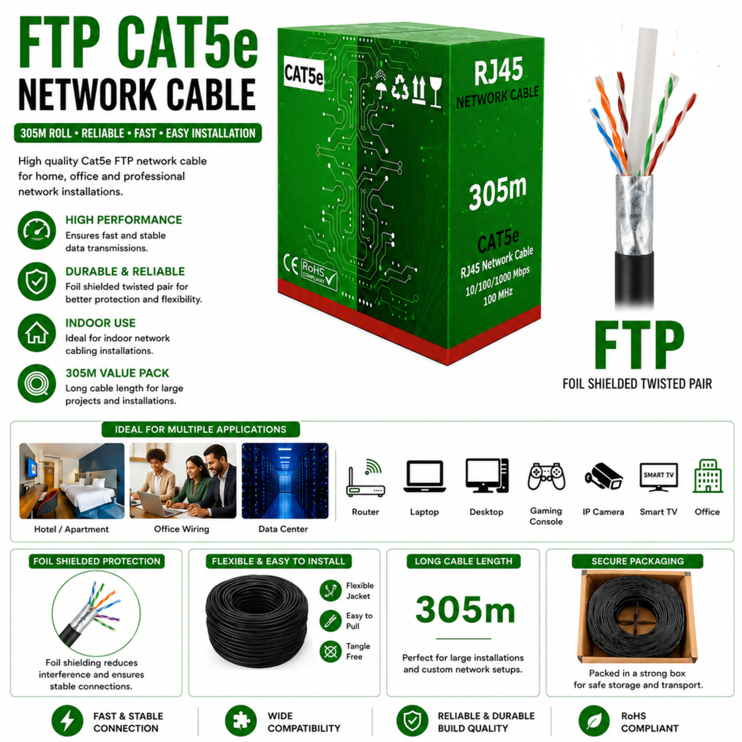 Atek Shielded Rj45 Network Cable - Black