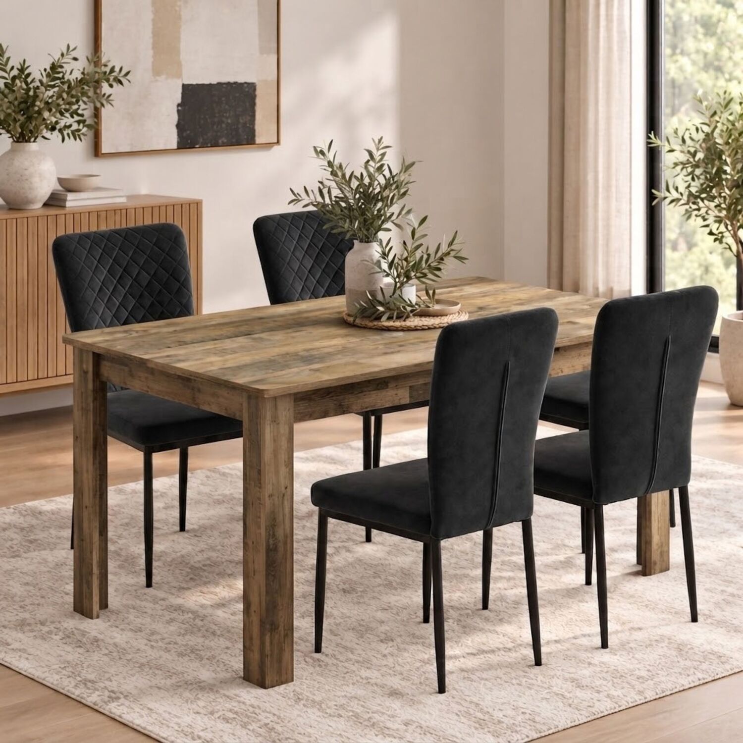 Rustic Wood Effect Dining Table and 4 Black High Back Diamond Stitch ...
