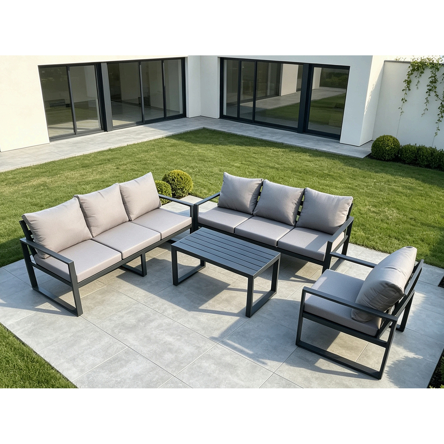 Rackhams Dark/Grey Aluminium 7 Seater Garden Furniture Outdoor Patio Sofa Set With Rectangular Coffee Table Armchair - Image 2