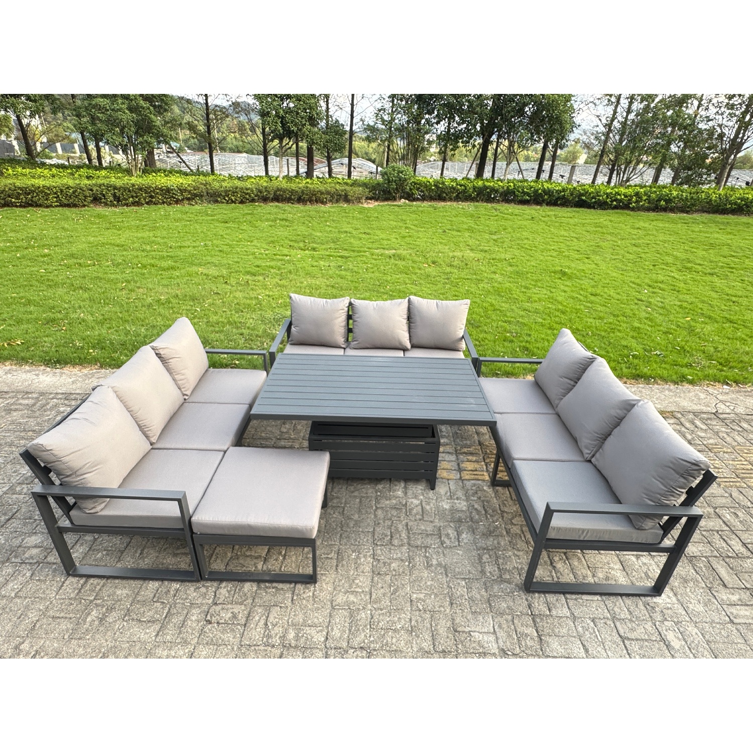 Fimous Dark/Grey 10 Seater Aluminium Garden Furniture Set With Adjustable Rising Dining Table, Footstool - Image 3