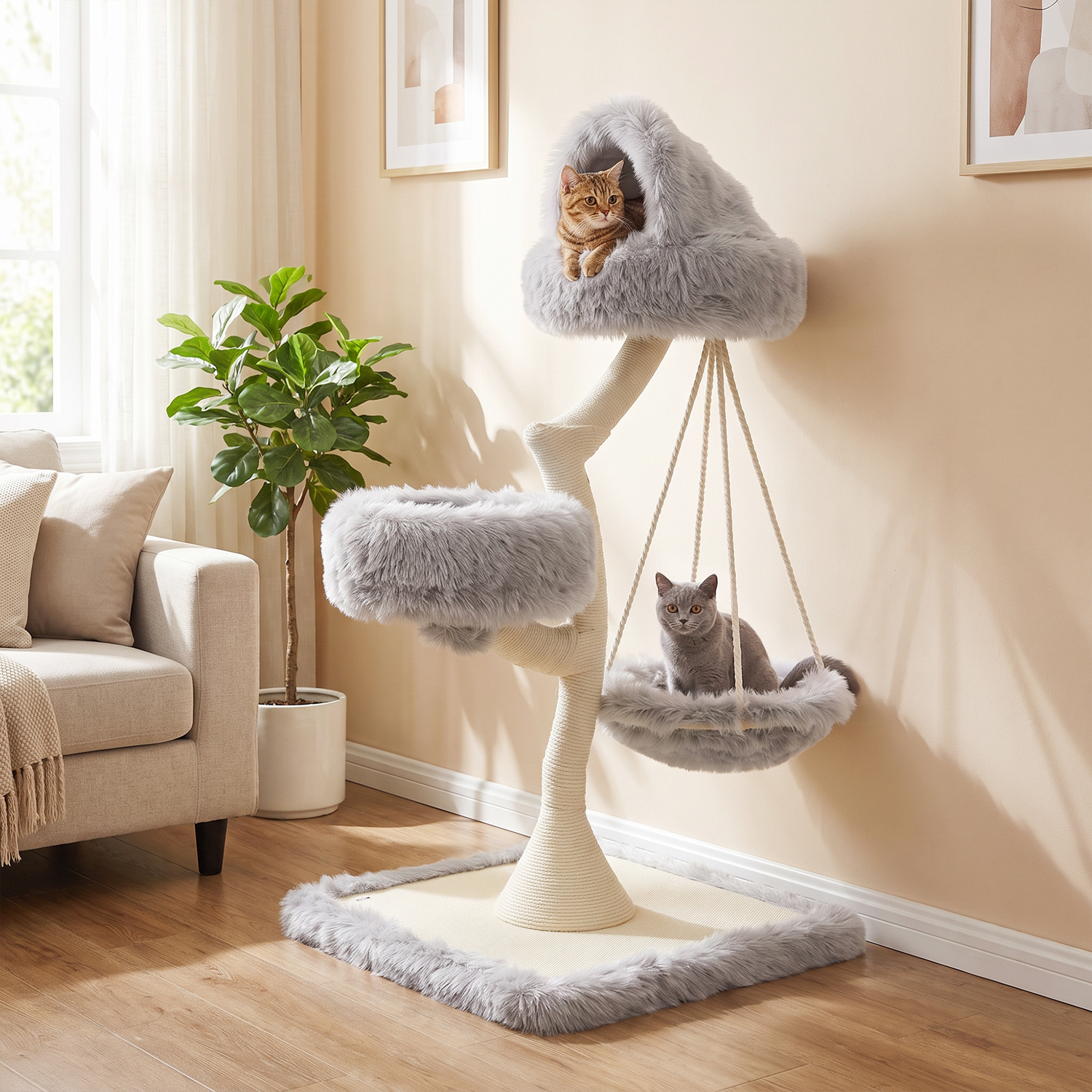 Pawhut Branch Design Modern Cat Tree With Washable Beds 115 Cm - Light Grey