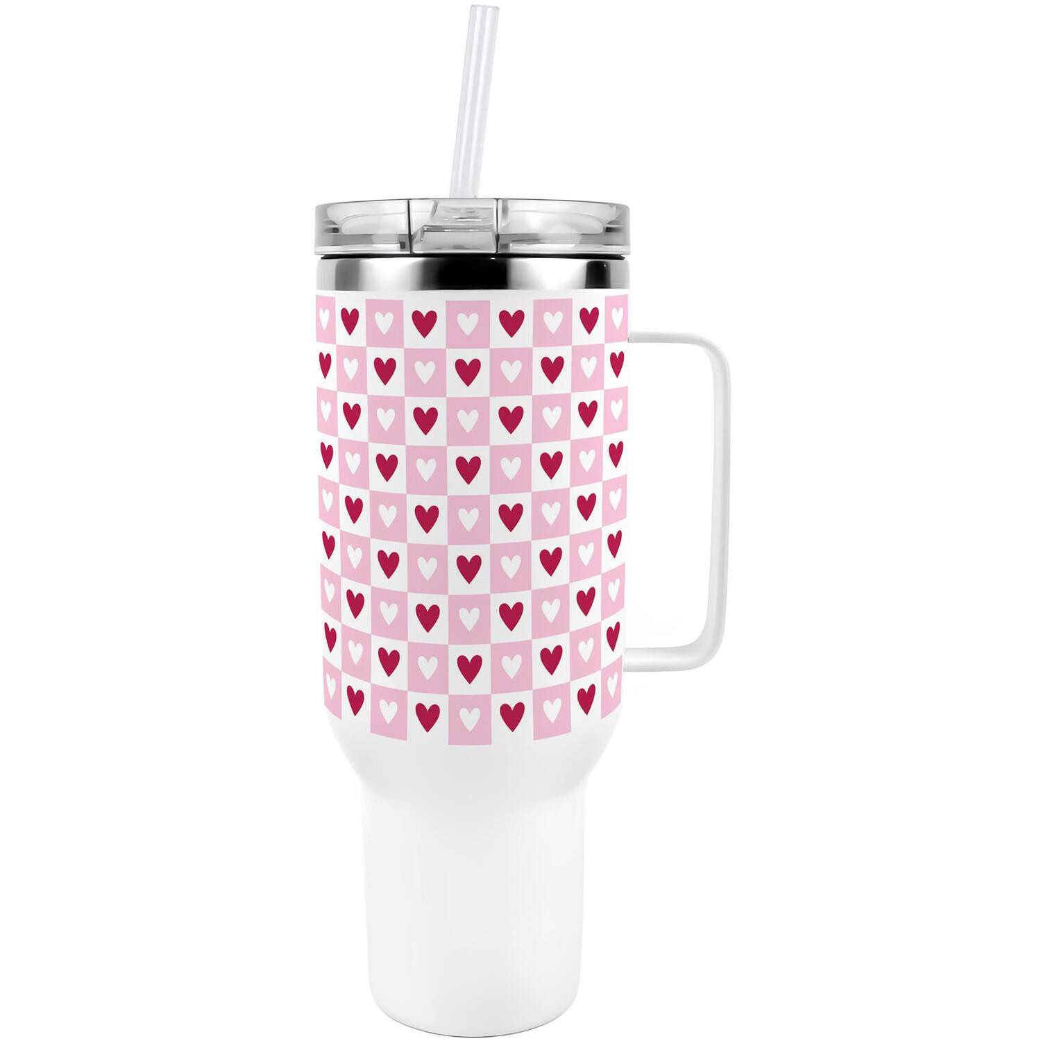 Light Pink Chequered Hearts Travel Tumbler - Metal XL Cup Gift - Image 2