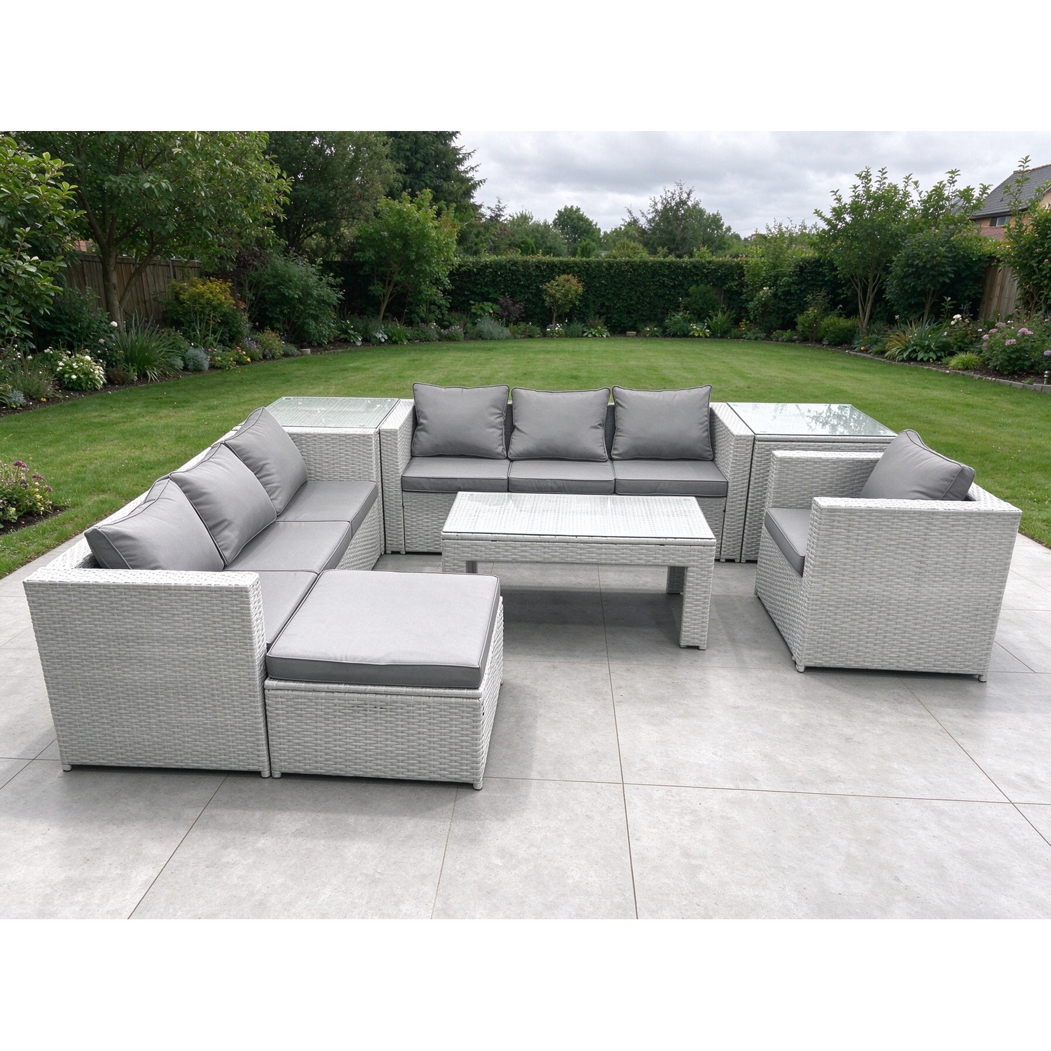 B&Q - Wicker Pe Rattan Sofa Garden Furniture Set Oblong Coffee Table Armchair Big Stool 2 Side Tables Light Grey - Image 2