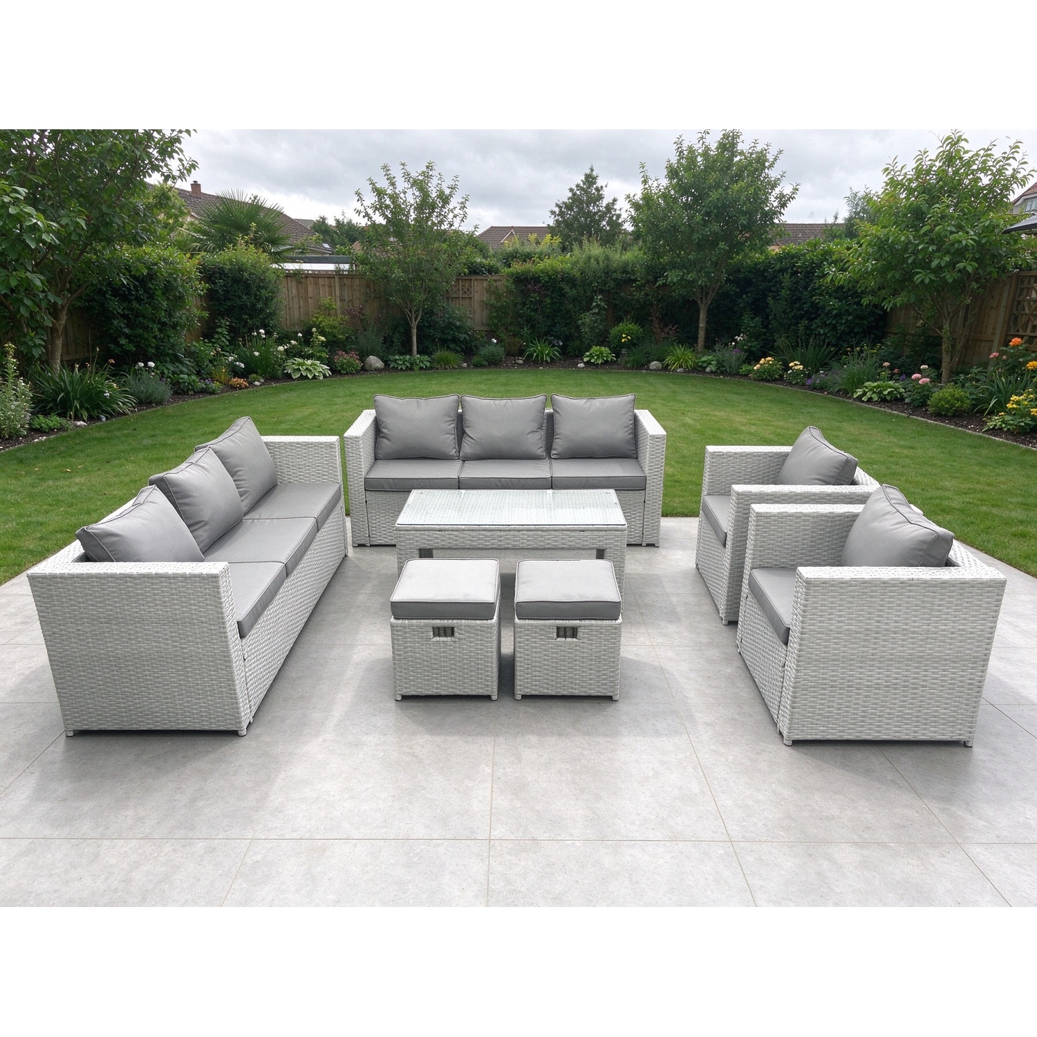 Rackhams Light/Grey Outdoor Garden Furniture Rattan Sofa Set With 2 Armchairs Oblong Coffee Table 2 Small Footstools Mixed - Image 2