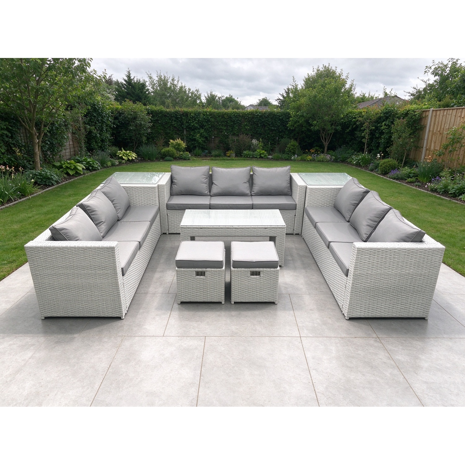 B&Q - Rattan Garden Outdoor Furniture Set 11 Seater Garden Sofa Oblong Coffee Table Set 2 Small Stool 2 Side Tables - Image 2