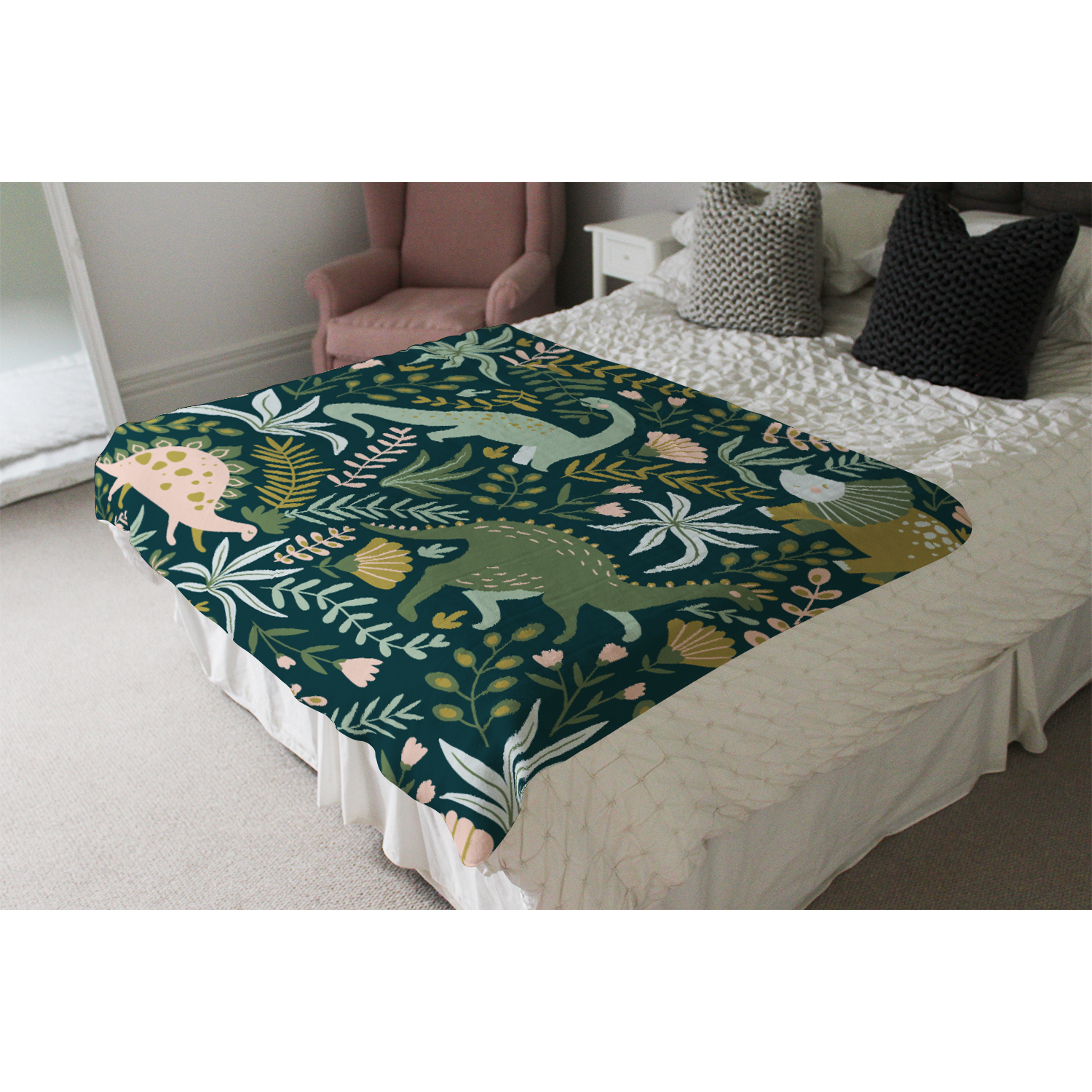 Hand Drawn Dinosaurs, Tropical Leaves And Flowers. Blanket - Green