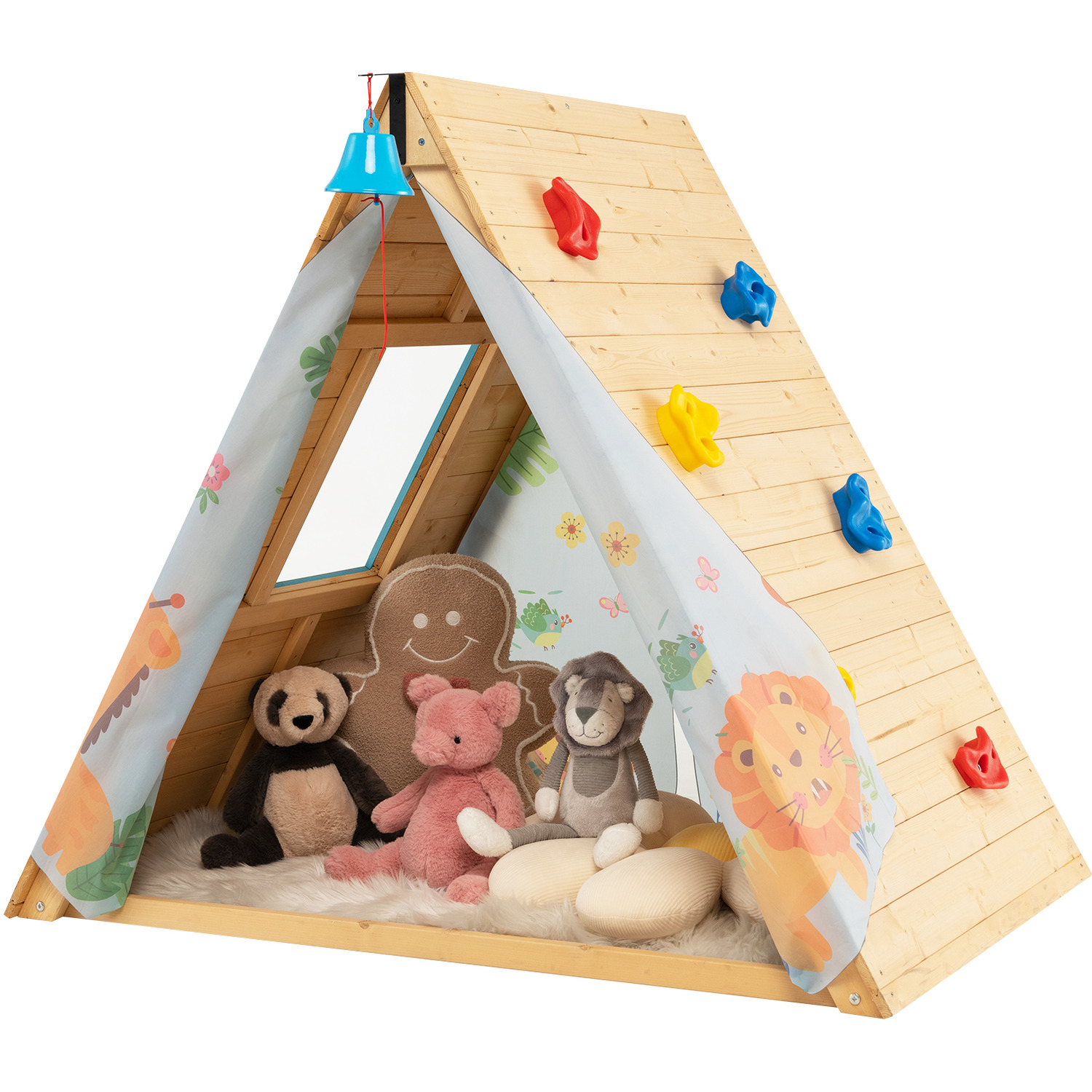 Image of Costway 2-in-1 Wooden Hideaway Play Set Triangle Playhouse-Natural - Brown
