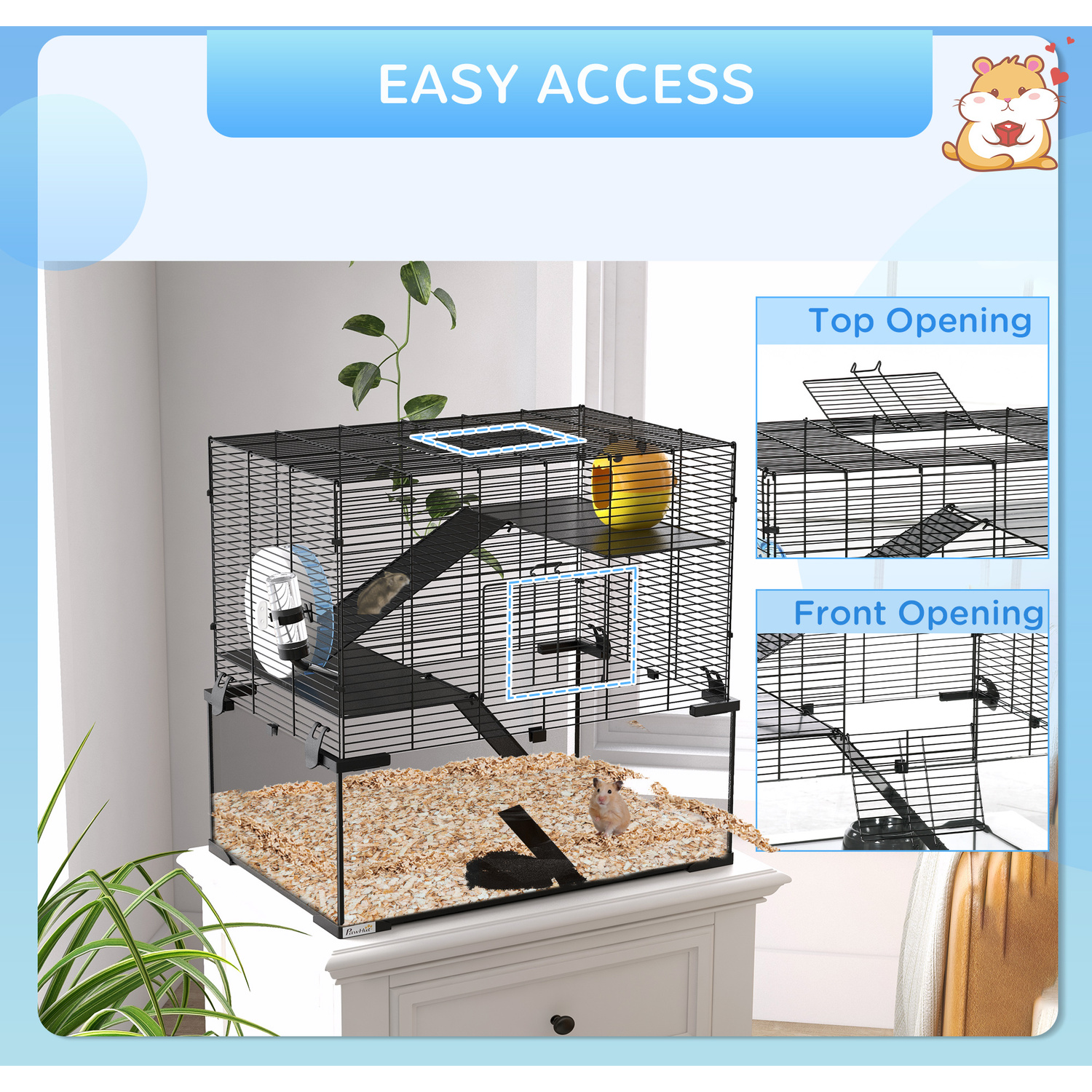 3 Tiers Hamster Cage with Ramps, Exercise Wheel - Long Cage For Hamsters With Exercise Section