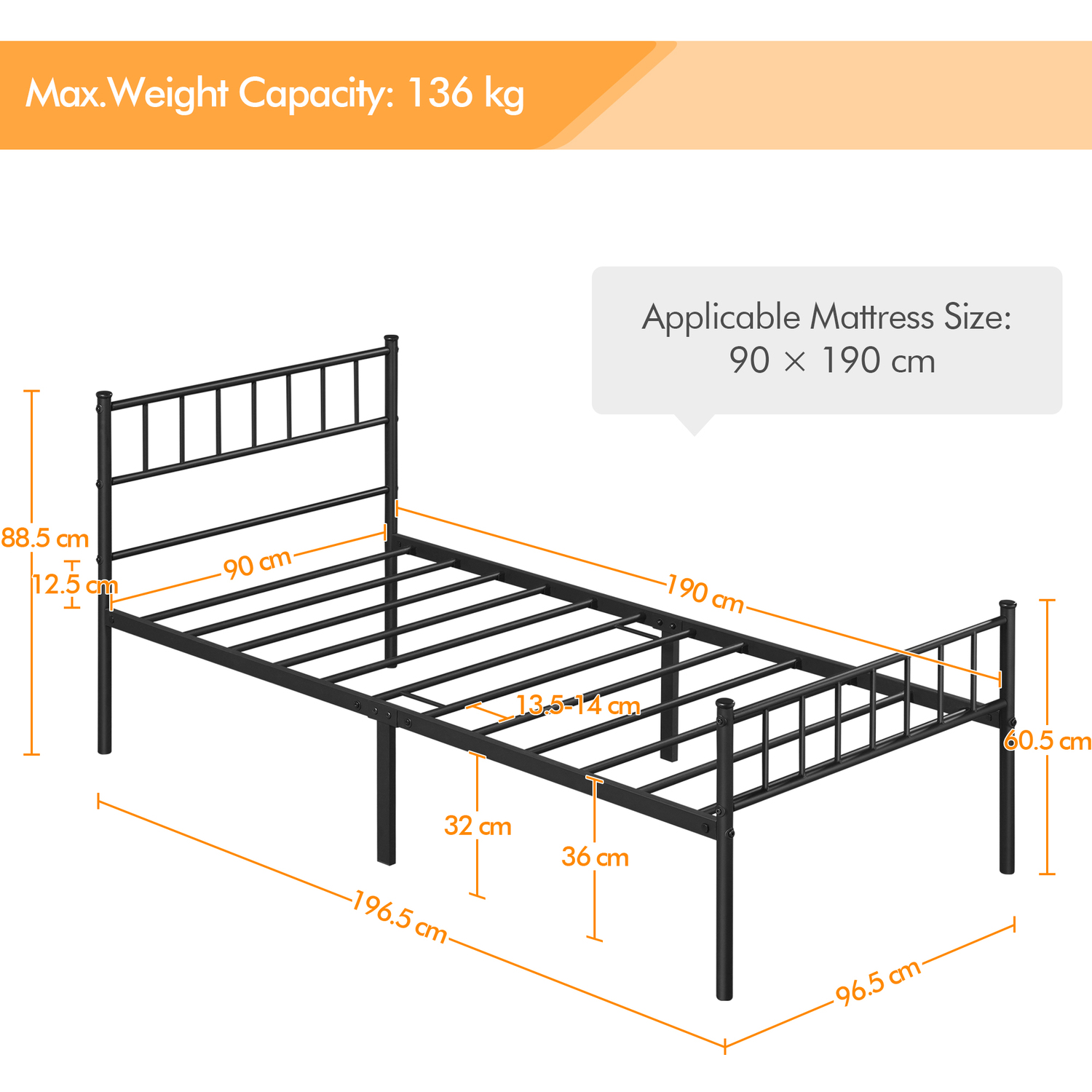 Metal Bed Frame With Large Storage Space - Black Single