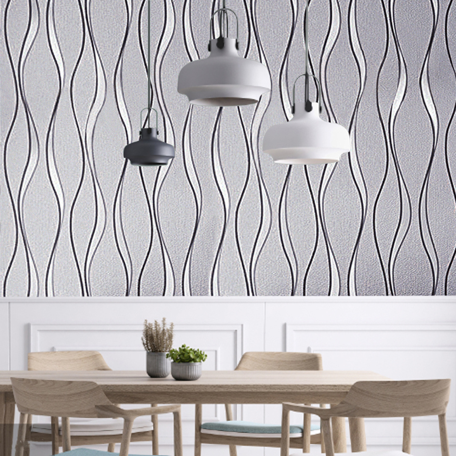 Livingandhome Geometric Wavy Striped Fabric Wallpaper - Grey