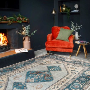Distressed Bordered Medallion Persian Non Slip Washable Area Rug