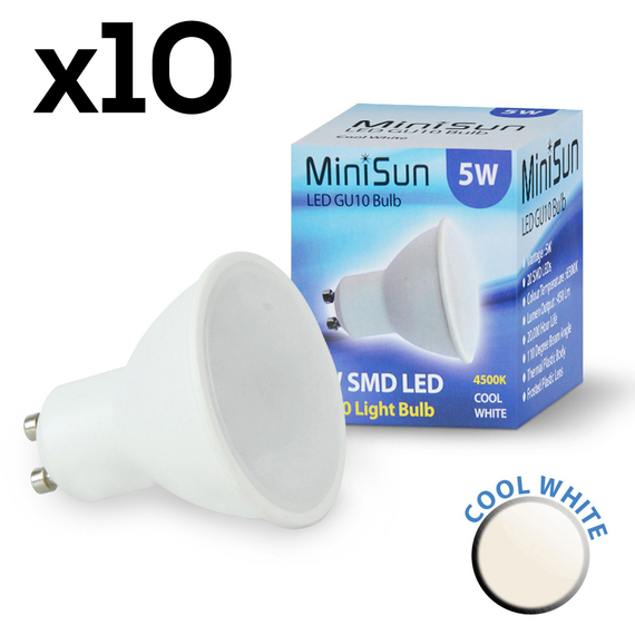 10 Pack GU10 White Thermal Plastic Spotlight LED 5W 4500K 450lm Light Bulb