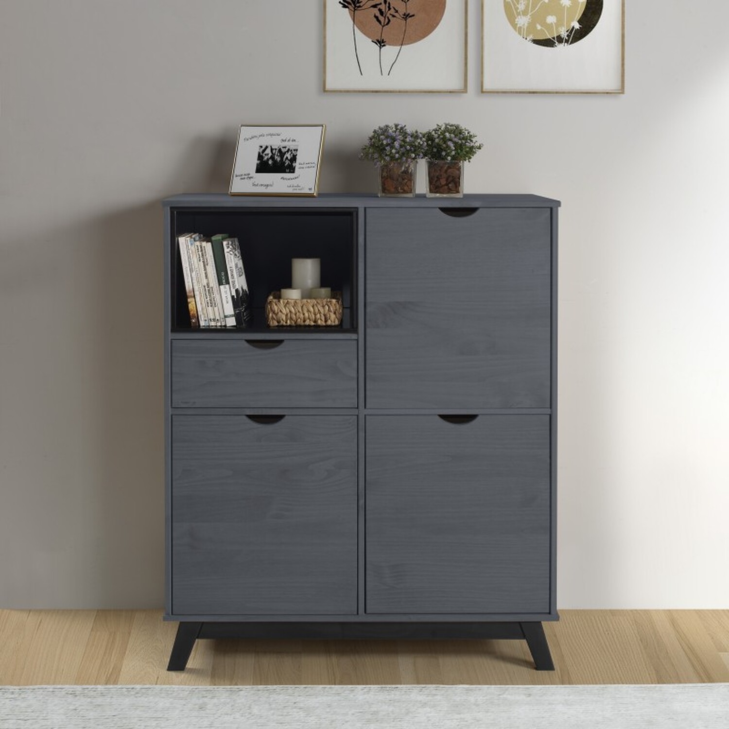 Scandian Sideboard Cabinet Solid Wood Pine Wooden Drinks Cupboard - Distressed Grey Wax