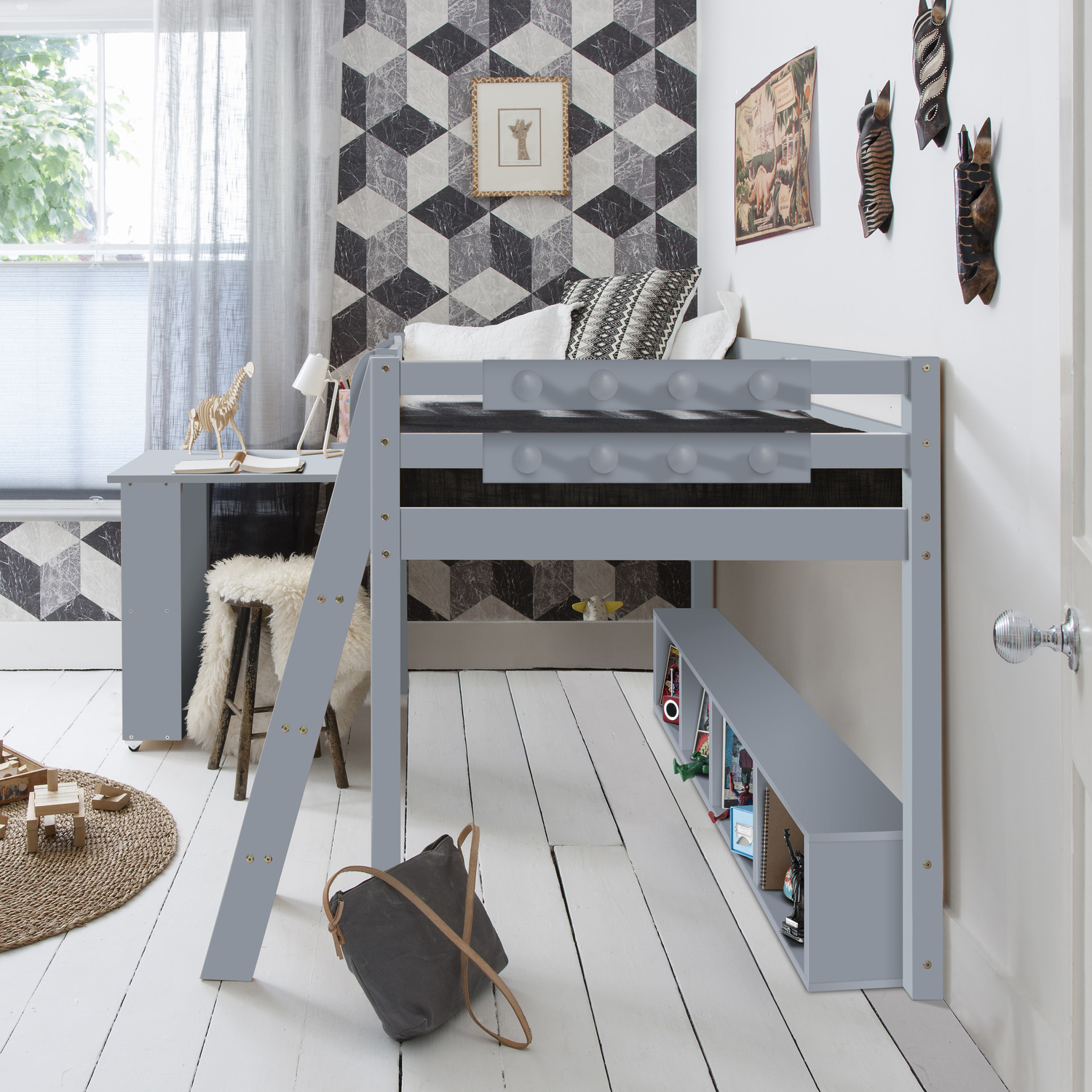 Moro Cabin Bed Midsleeper With Pullout Desk Shelving Complete Package - Grey