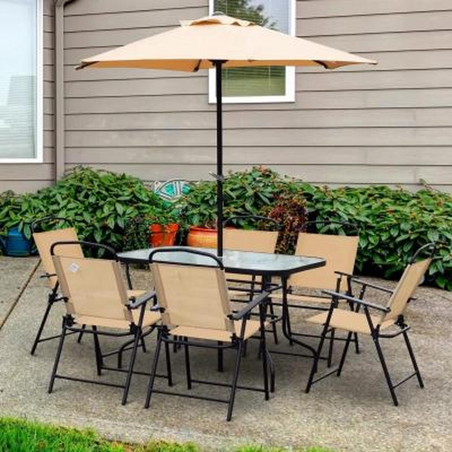 Dining Set Furniture Garden Foldable 6 Chairs Table With Parasol - Beige