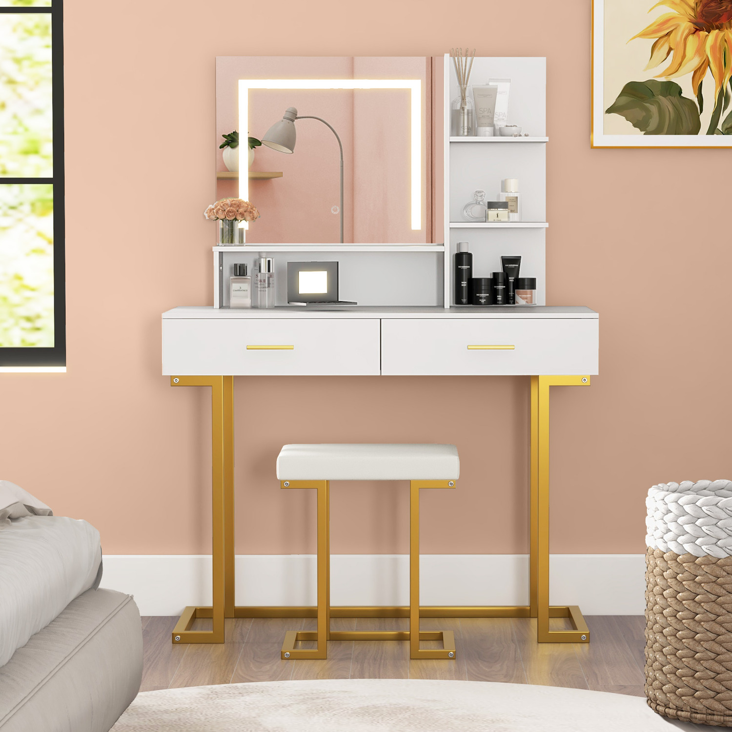 Mirror Makeup Vanity Table With Cushioned Stool - White