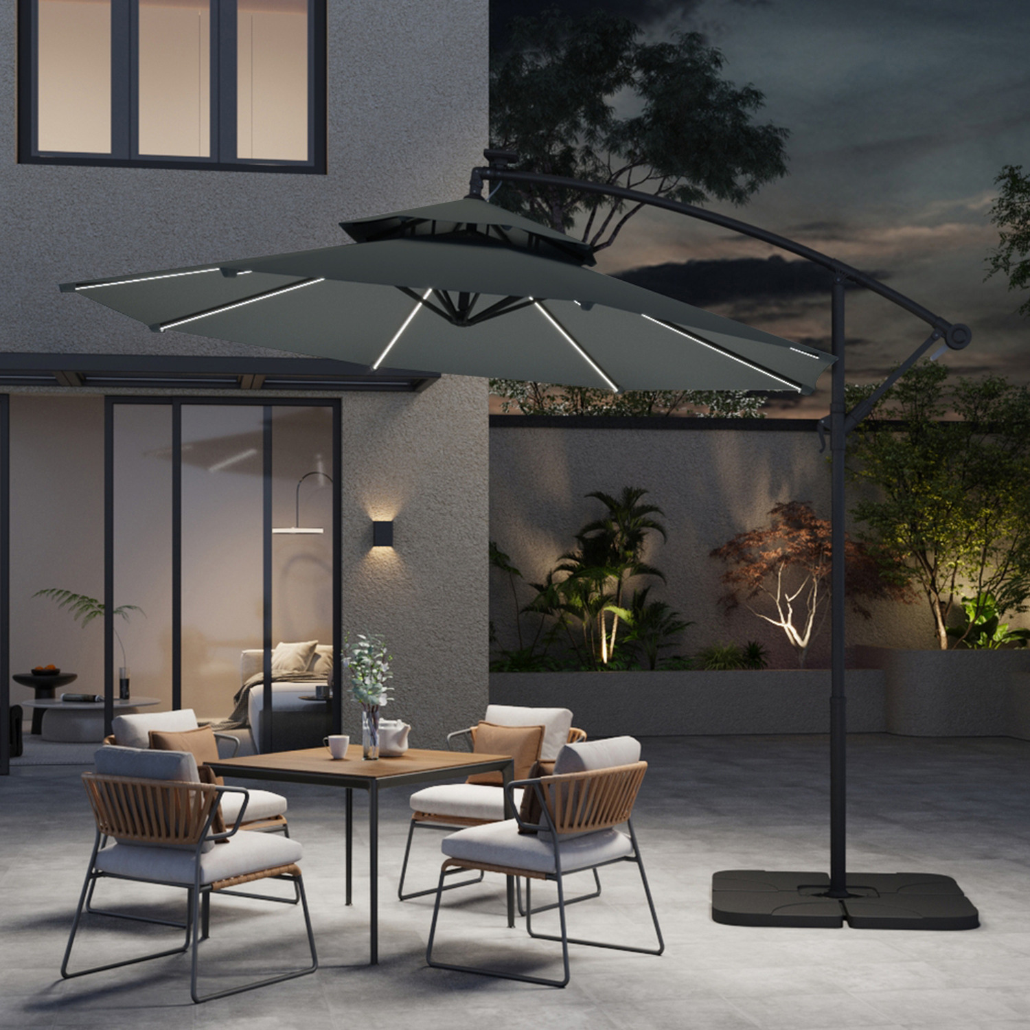 3m Cantilever Parasol With Lights And Fillable Base - Dark Grey 1 Outdoor Polygon Parasol And 1 Hdpe Parasol Base