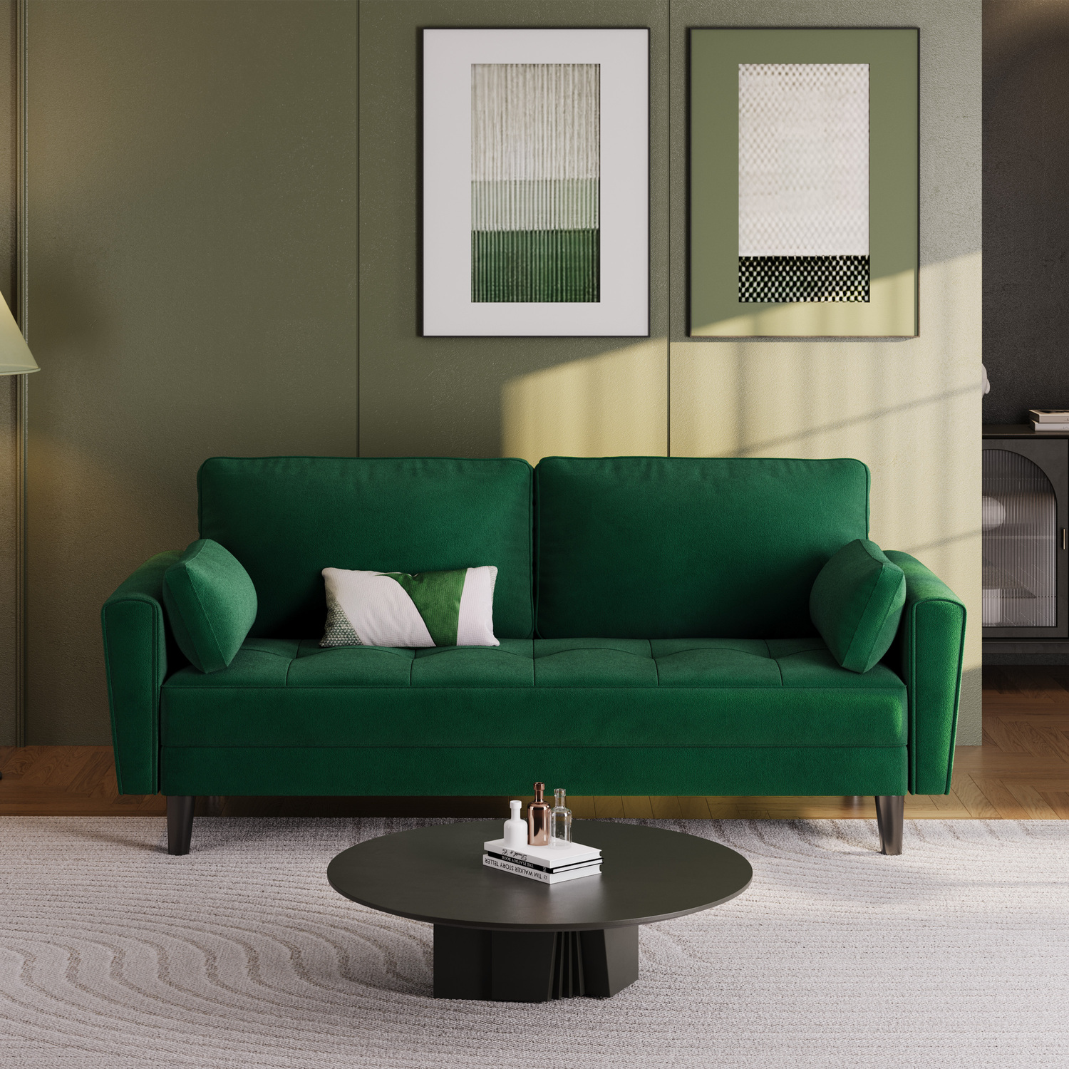 2 Seater Upholstered Sofa Couch With 2 Pillows - Green