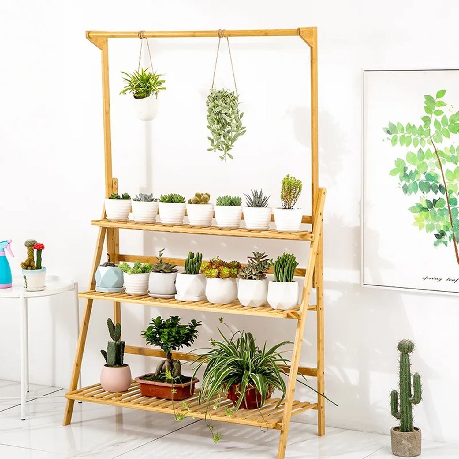 3 Tier Folding Bamboo Hanging Plant Stand - Natural