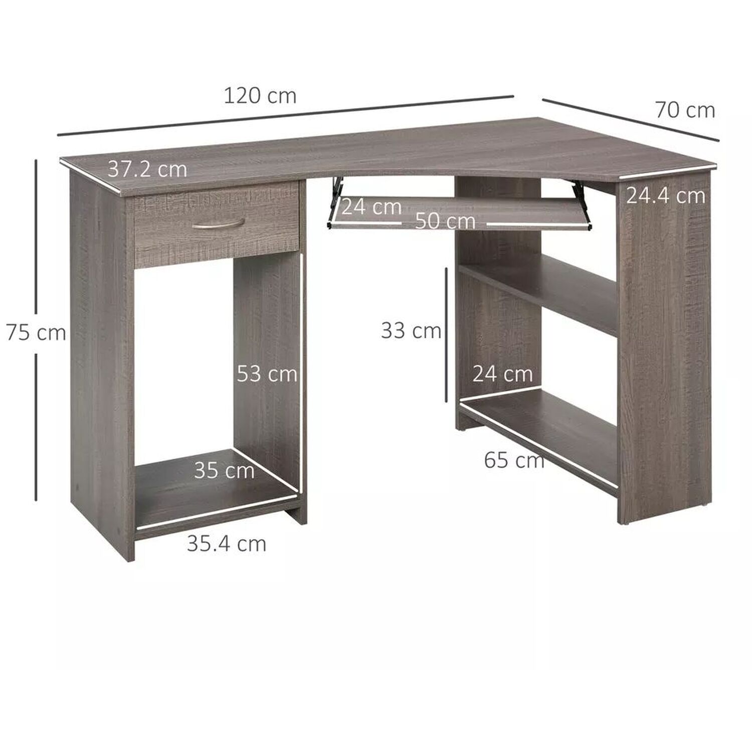 Corner Computer Desk With Drawer And Shelves - Grey