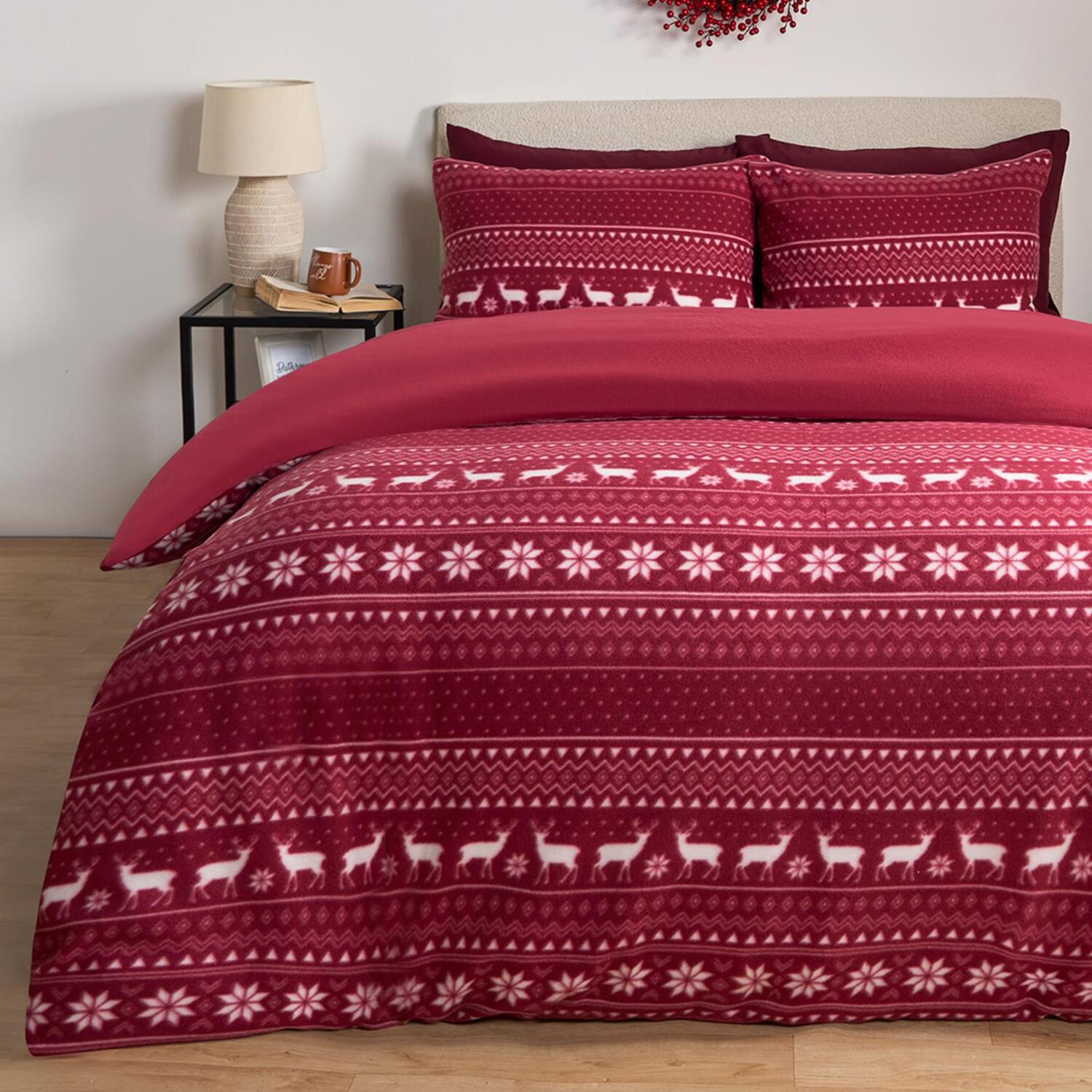 Nordic Christmas Fleece Duvet Set - Burgundy Double