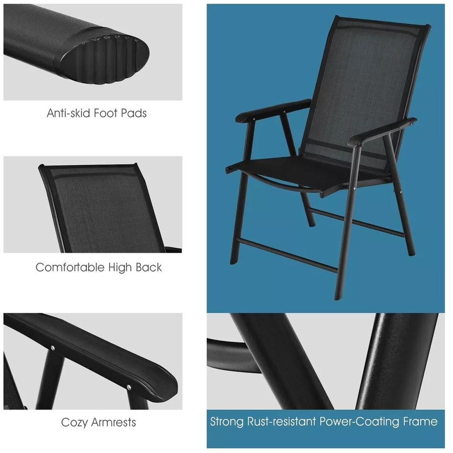 Set Of 4 Black Folding Garden Chairs - Black And Brown