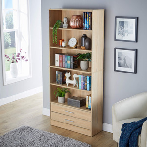 Oak Effect Home Source Clara Tall Wide 2 Drawer Storage Bookcase  shot 7021511