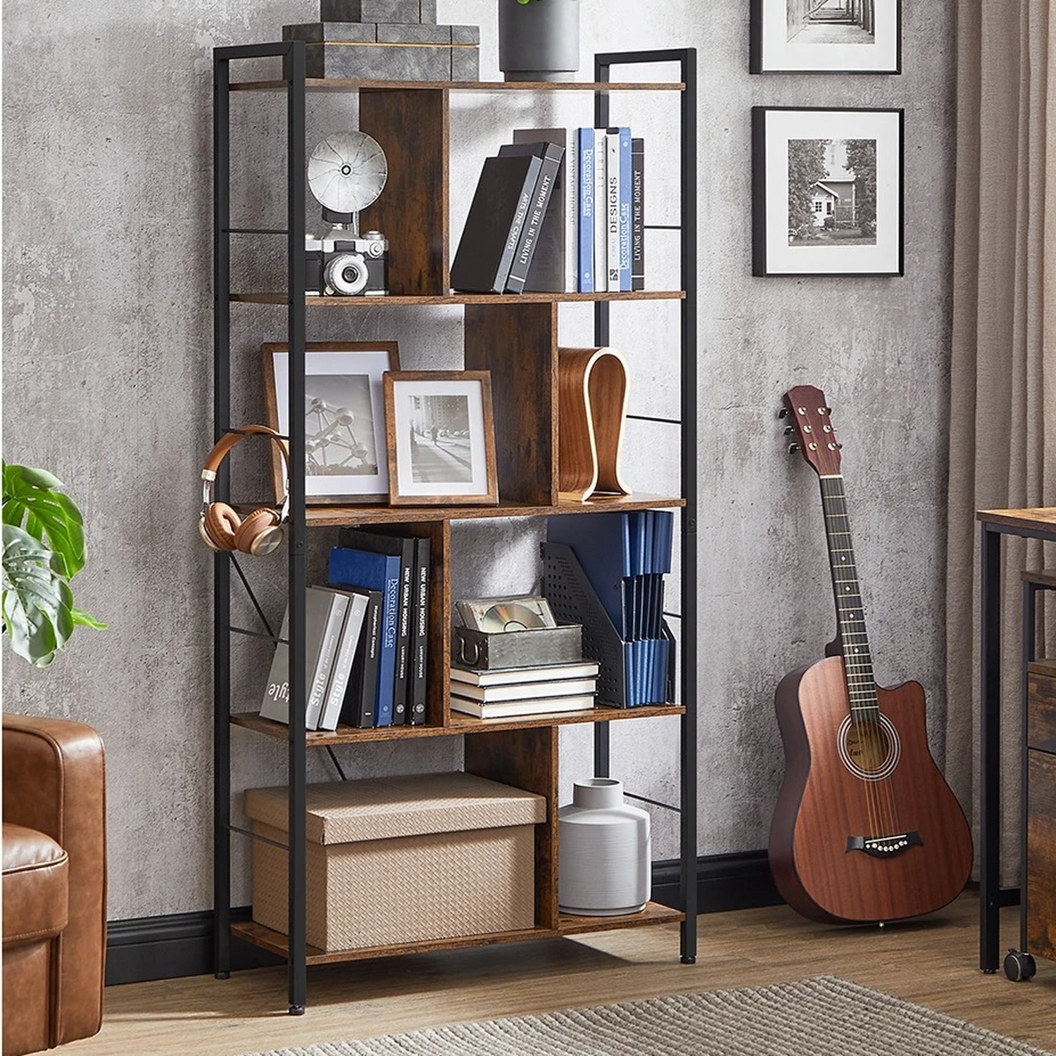 Modern 5 Tier Meetal and Wood Shelving Unit
