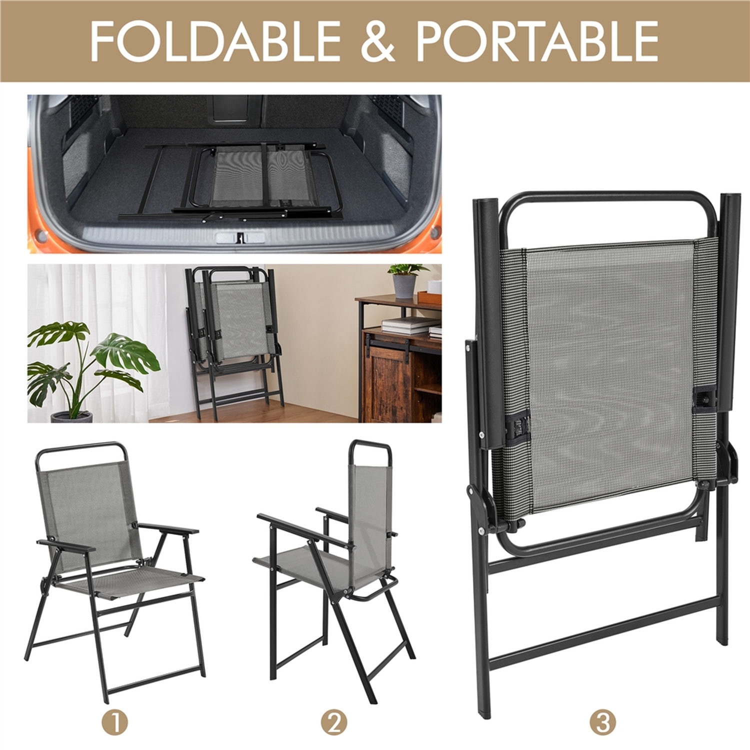 Folding Dining Chair Set For Garden Patio - Grey 8 7kg