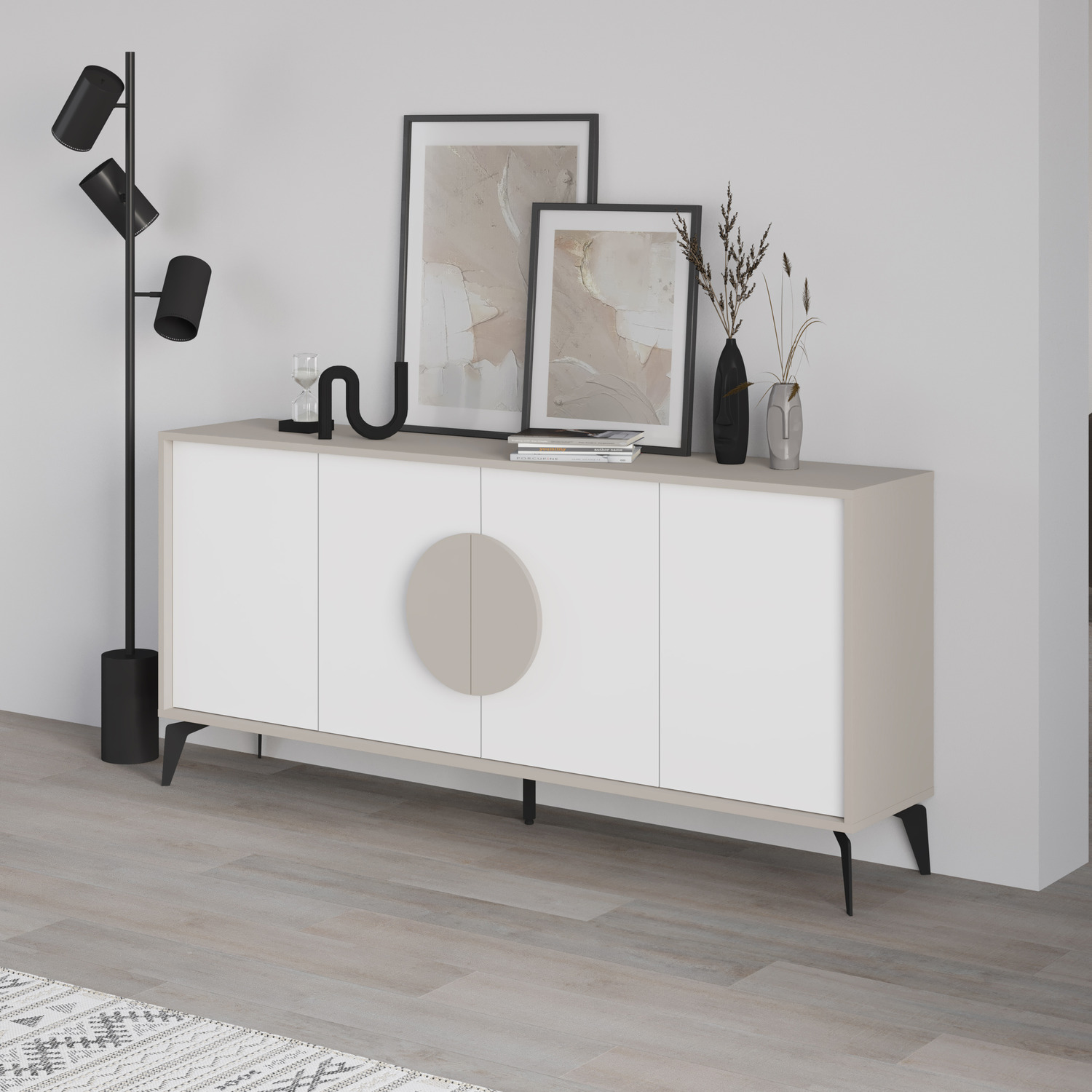 Decortie Gora 4 Door Sideboard Storage Cabinet with Metal Legs - Sandstone - White